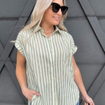 Striped Short Sleeve Blouse In Desert Sage - Infinity Raine