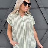 Striped Short Sleeve Blouse In Desert Sage - Infinity Raine