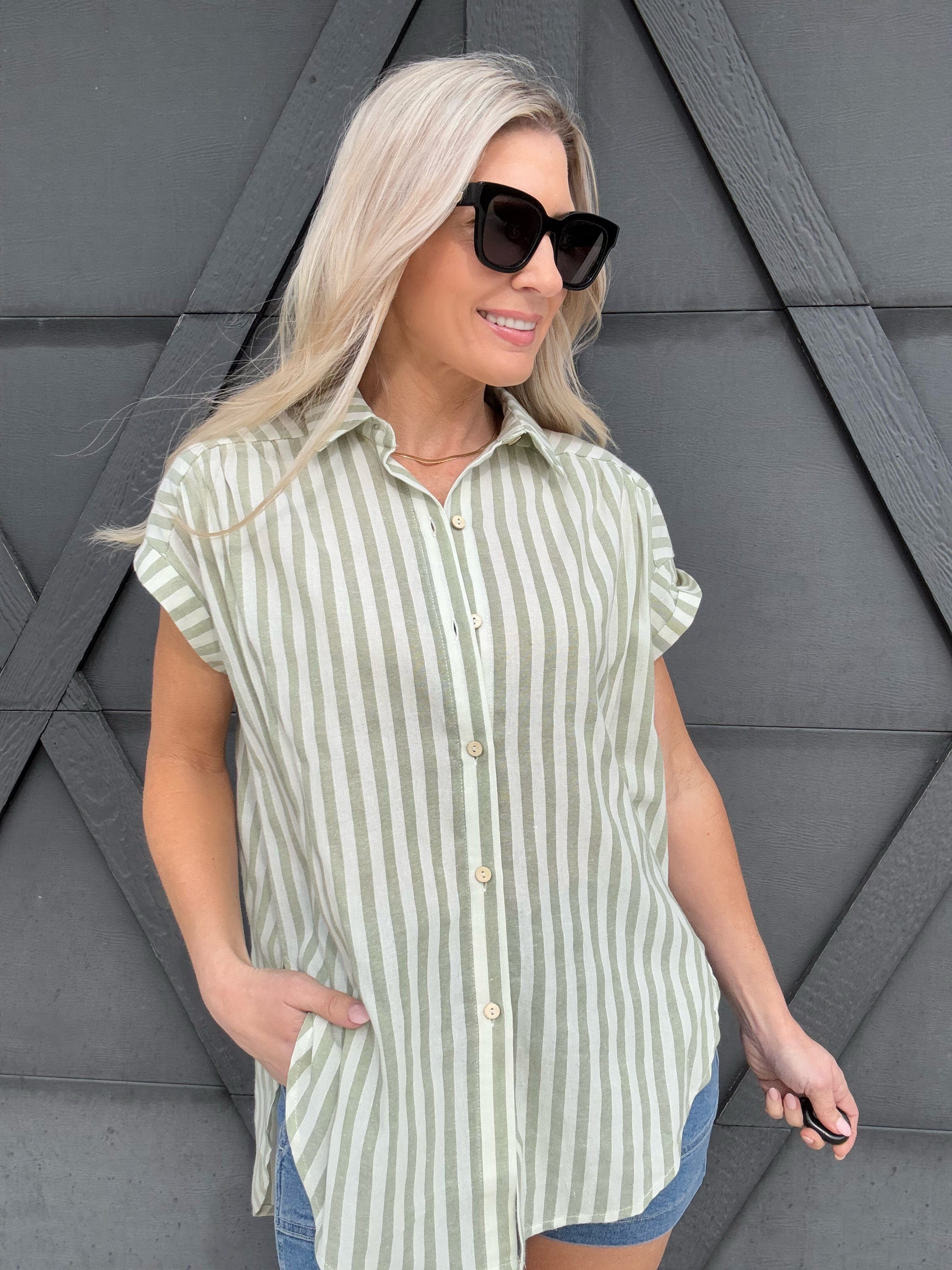 Striped Short Sleeve Blouse In Desert Sage - Infinity Raine