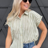 Striped Short Sleeve Blouse In Desert Sage - Infinity Raine