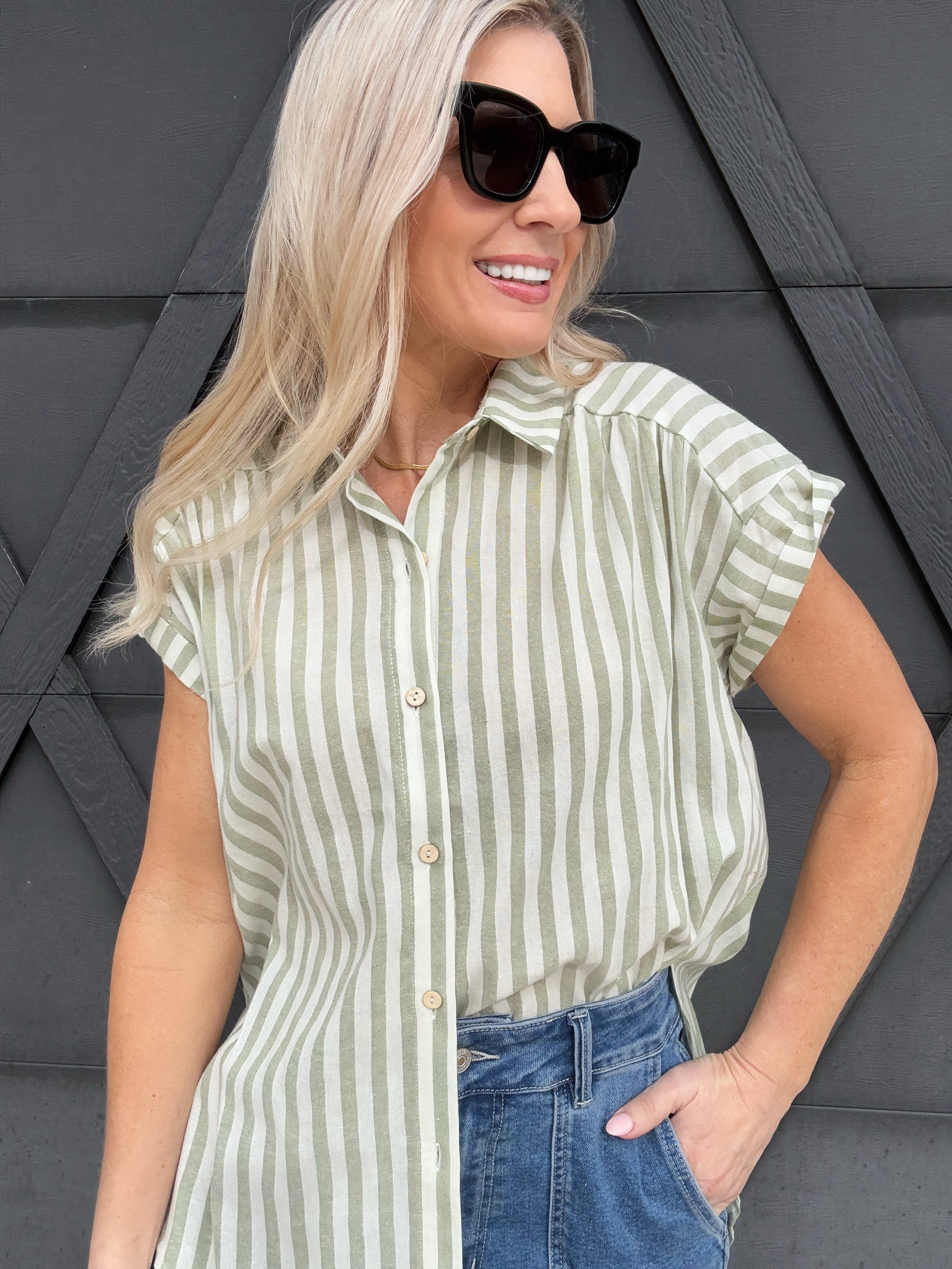 Striped Short Sleeve Blouse In Desert Sage - Infinity Raine