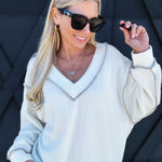 Fuzzy V-Neck Long Sleeve Top In Cream - Infinity Raine