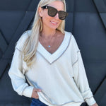 Fuzzy V-Neck Long Sleeve Top In Cream - Infinity Raine