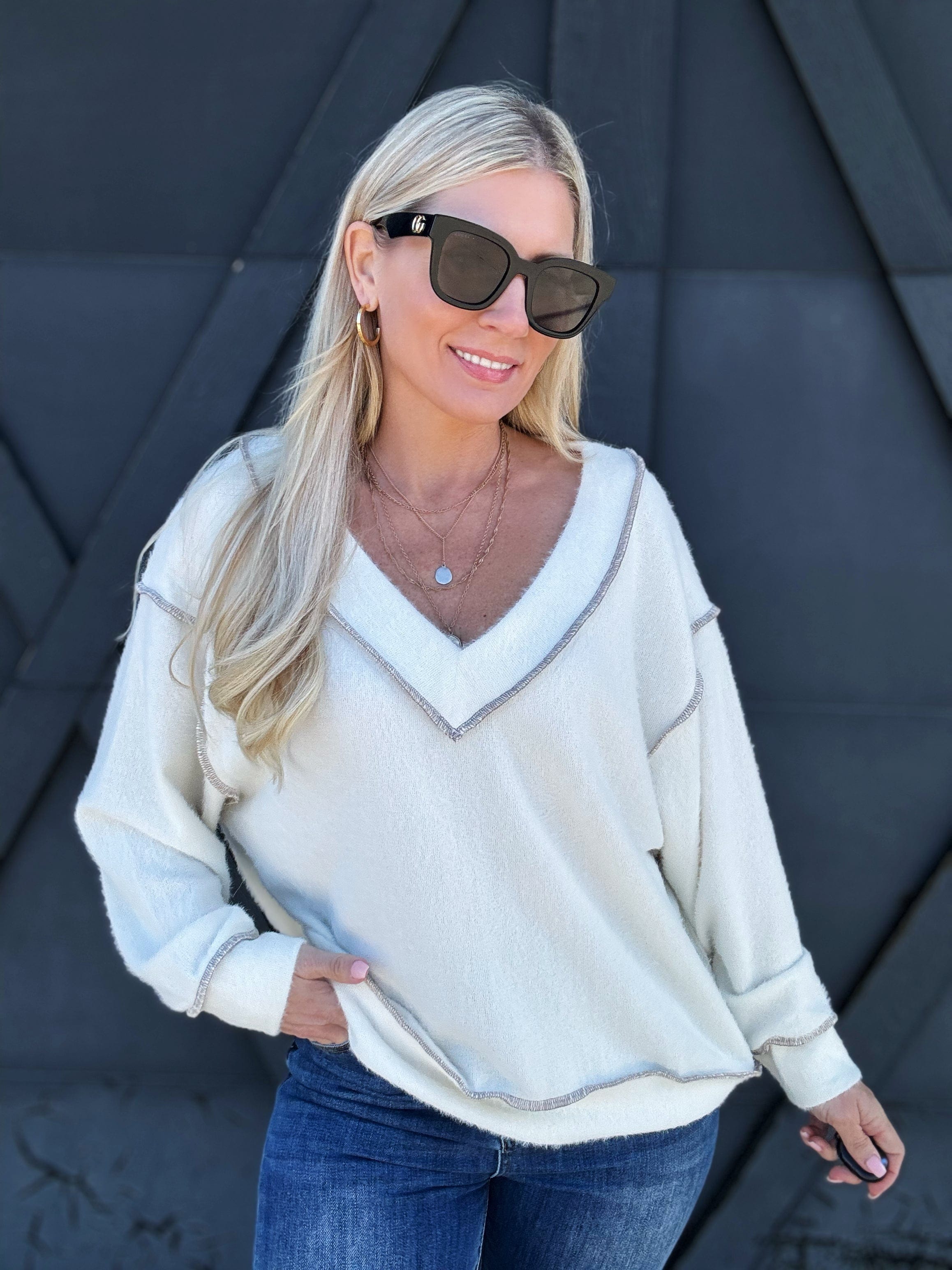 Fuzzy V-Neck Long Sleeve Top In Cream - Infinity Raine