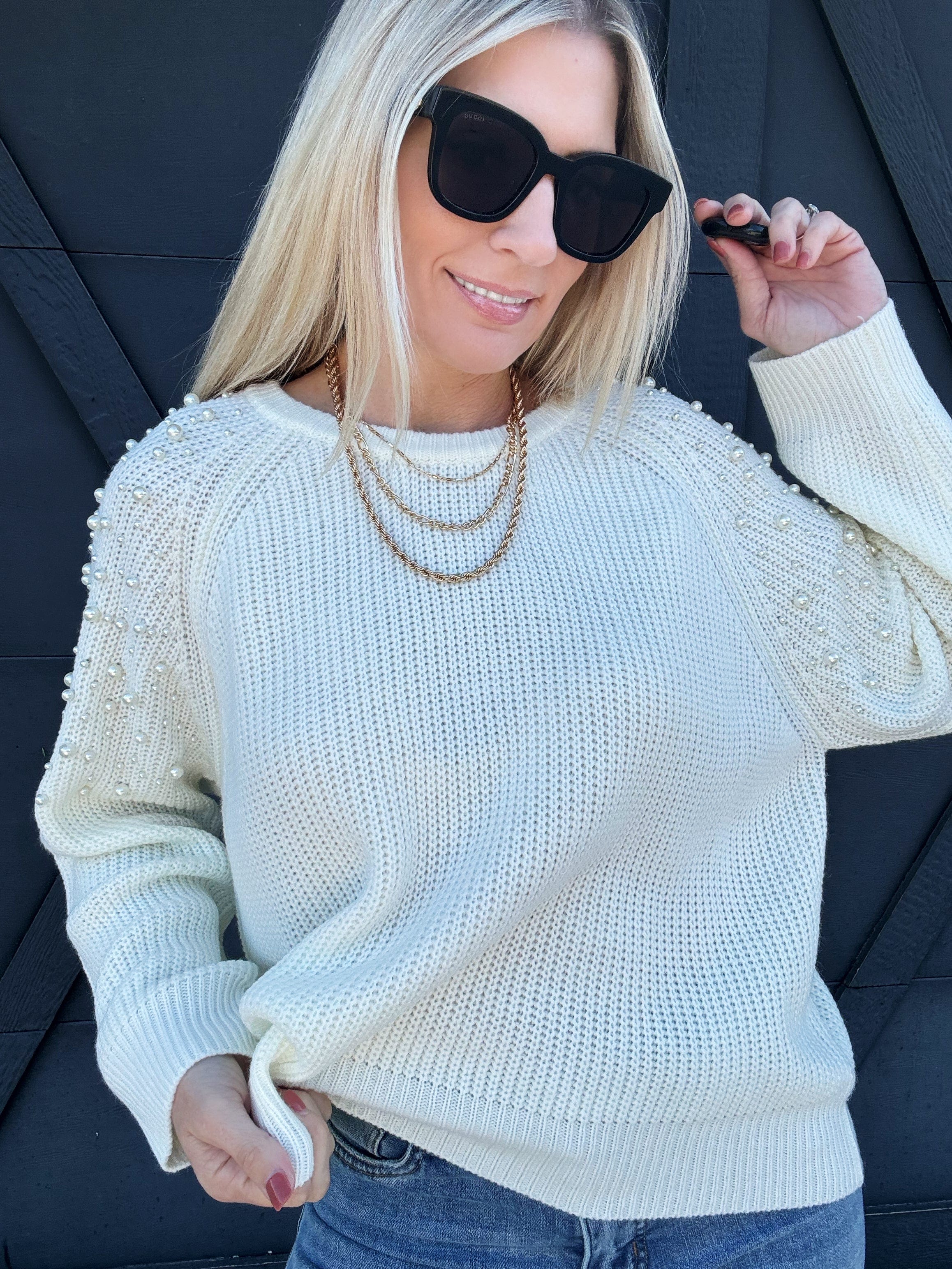 Pearl Shoulder Sweater In Off White - Infinity Raine