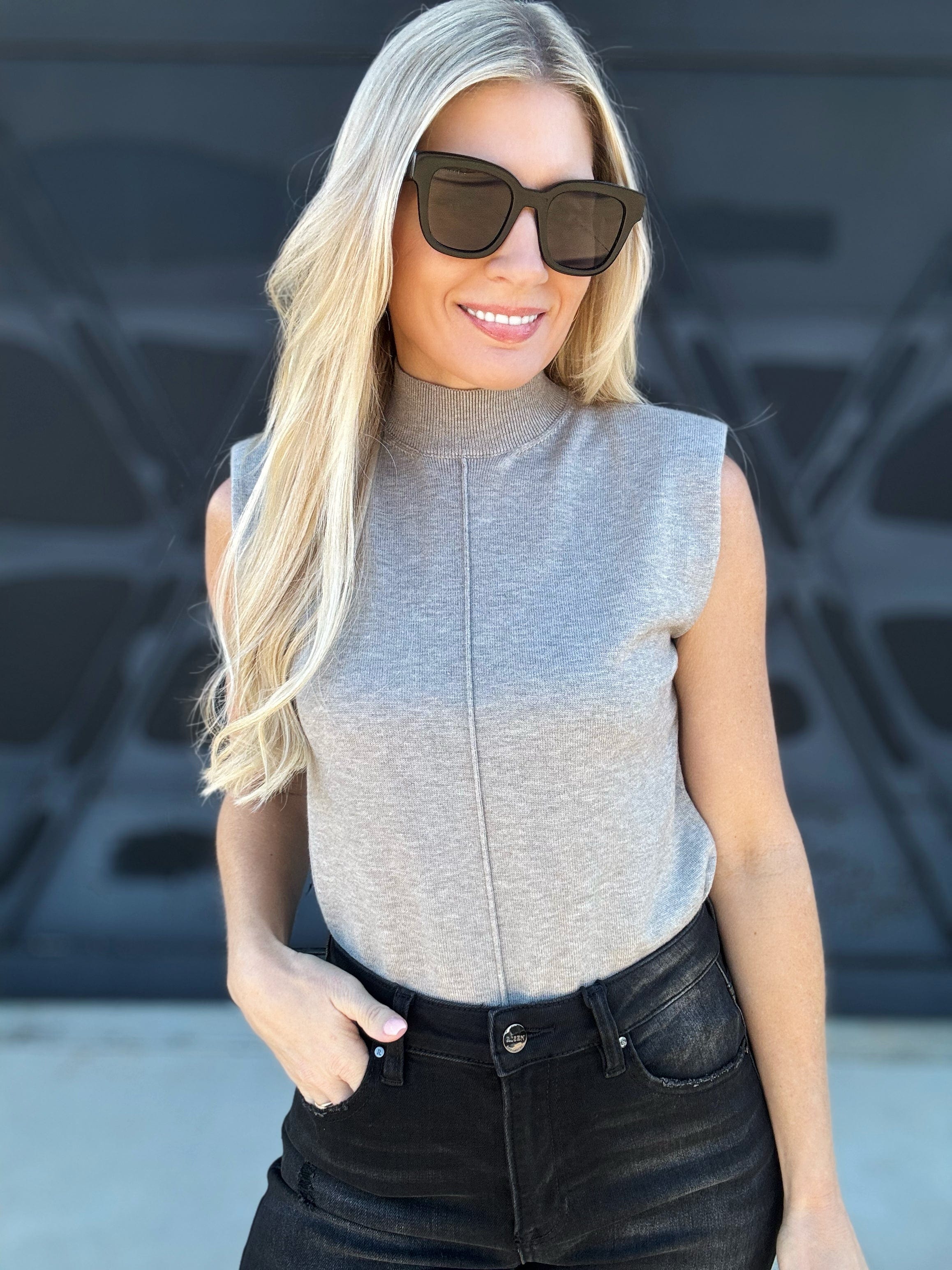 Sleeveless Mock Neck Sweater Top In Heather Grey - Infinity Raine