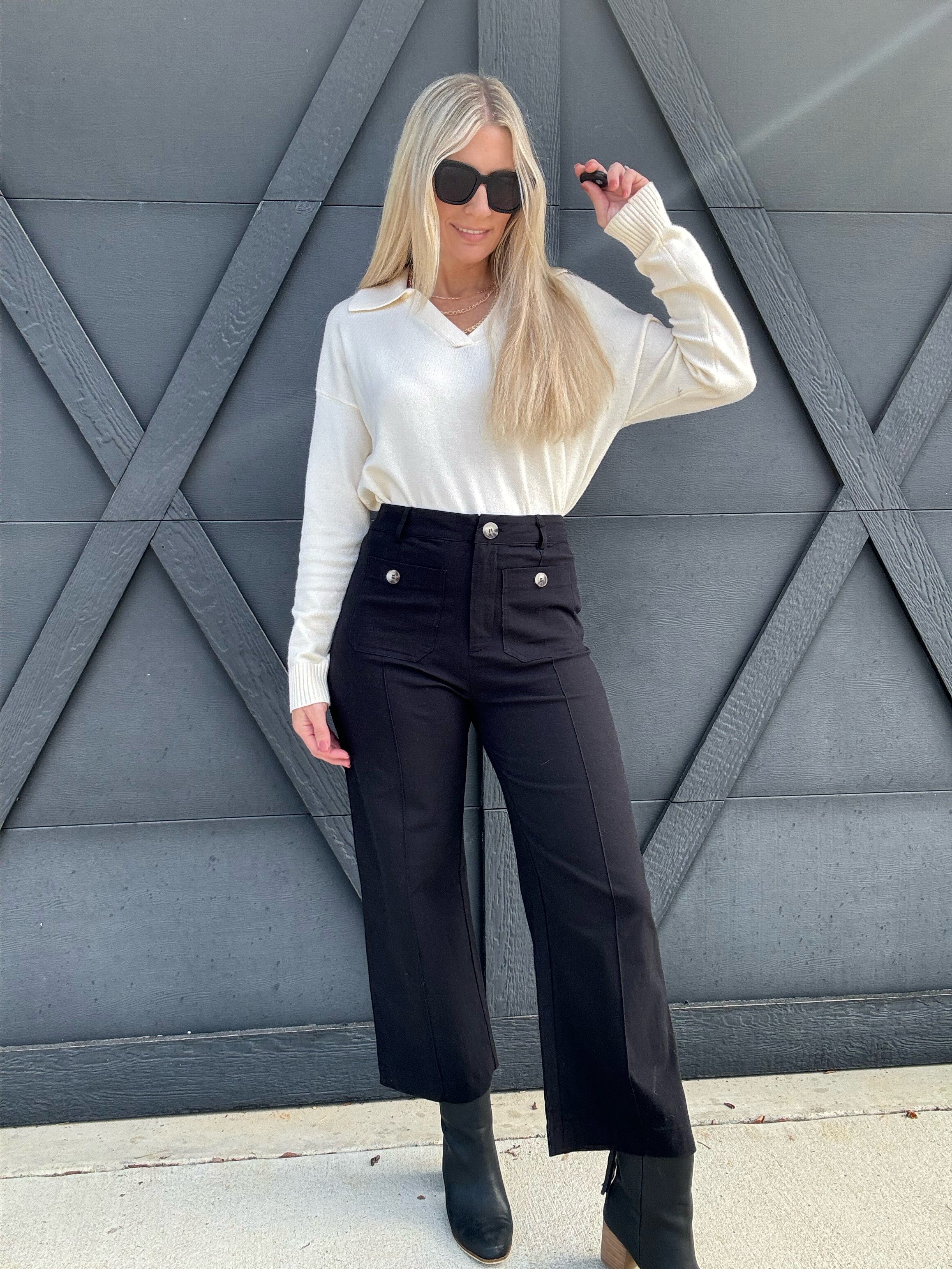 High Waisted Wide Leg Front Pocket Pants In Black - Infinity Raine