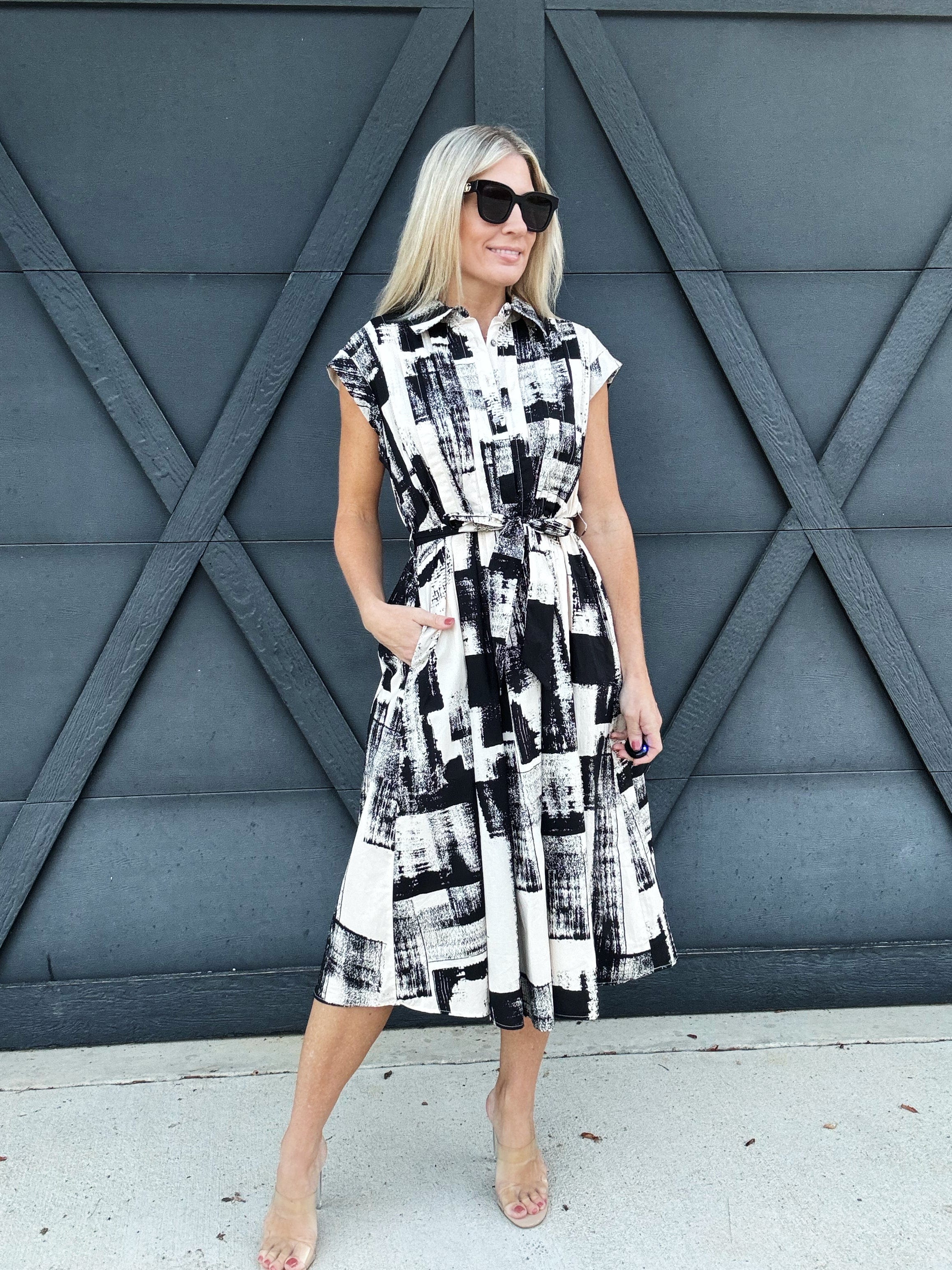 Abstract Print Midi Dress In Cream Black - Infinity Raine