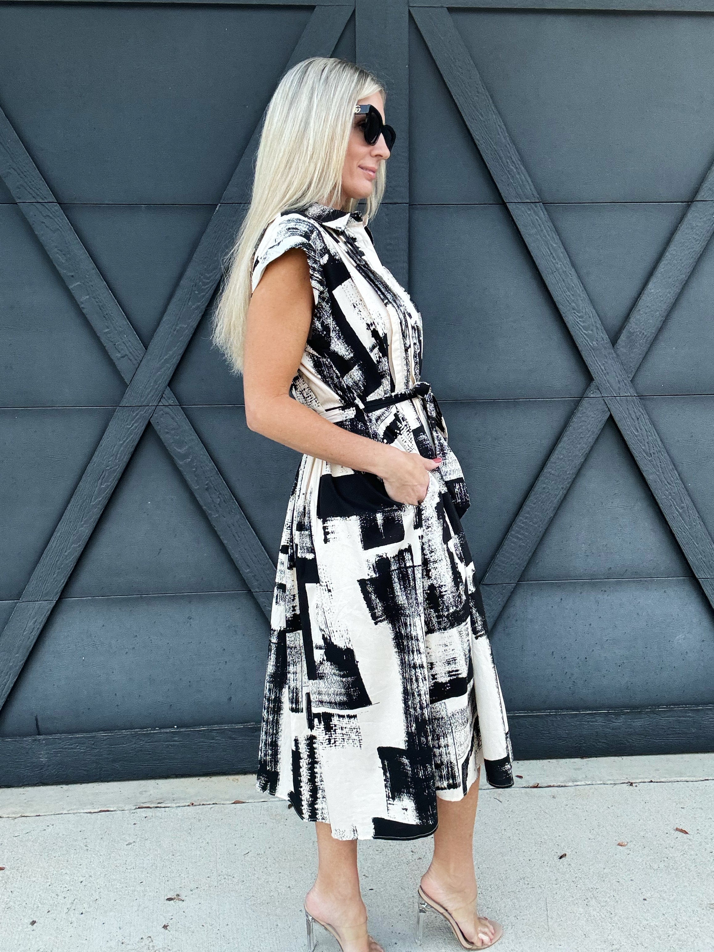 Abstract Print Midi Dress In Cream Black - Infinity Raine