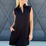 Collared Sleeveless Mini Dress With Pockets In Black - Infinity Raine