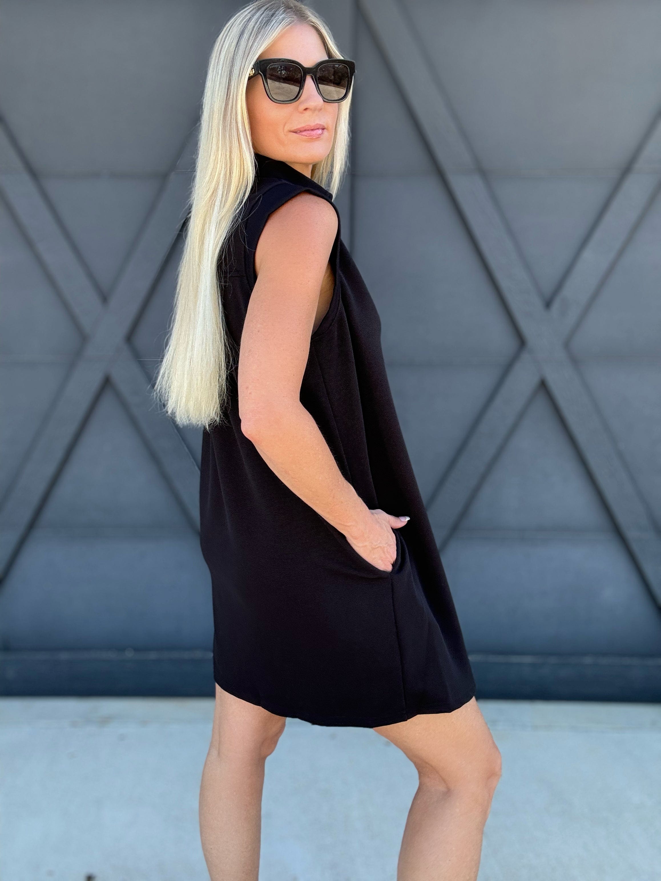 Collared Sleeveless Mini Dress With Pockets In Black - Infinity Raine