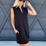 Collared Sleeveless Mini Dress With Pockets In Black - Infinity Raine