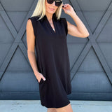 Collared Sleeveless Mini Dress With Pockets In Black - Infinity Raine