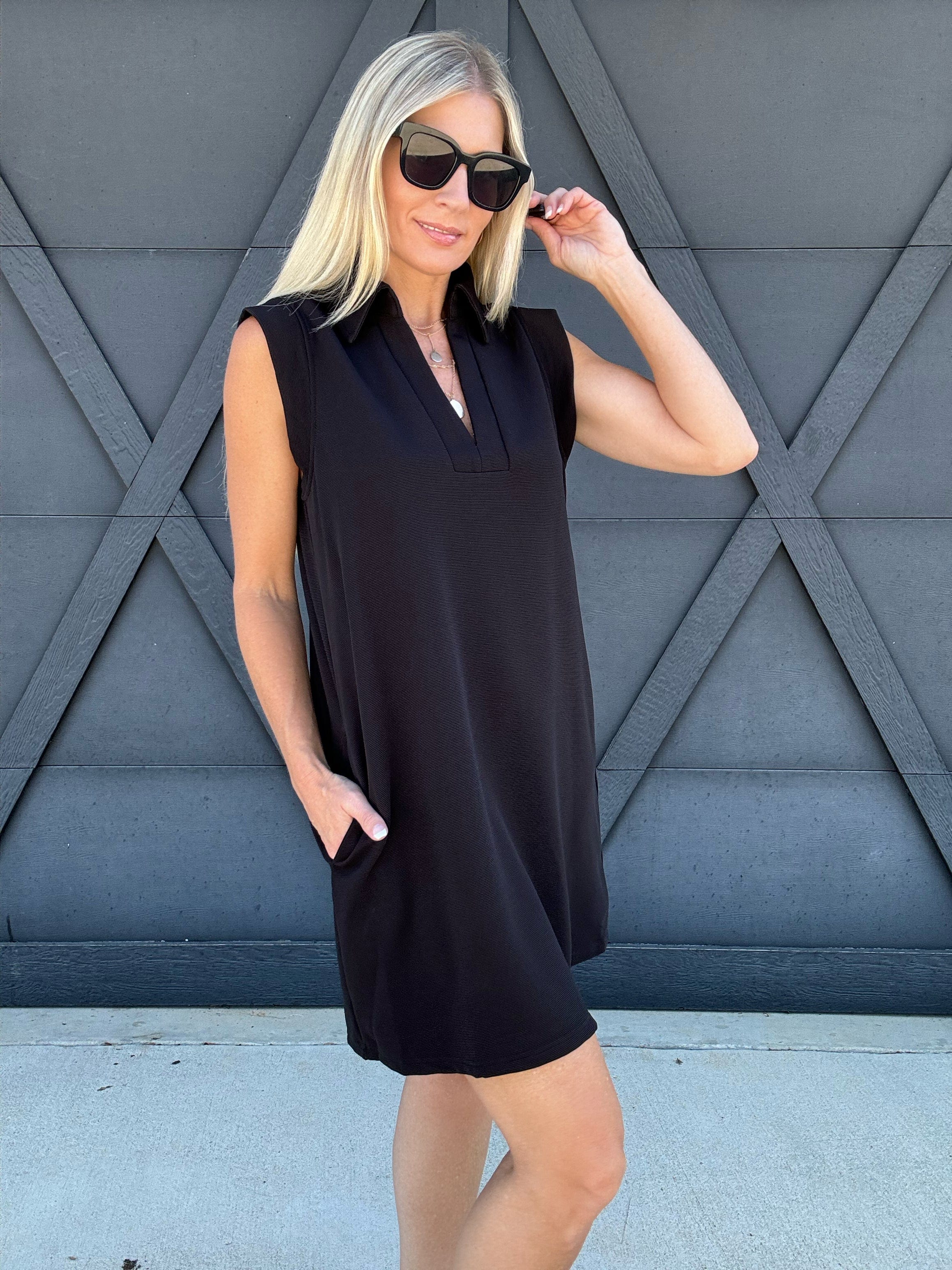 Collared Sleeveless Mini Dress With Pockets In Black - Infinity Raine