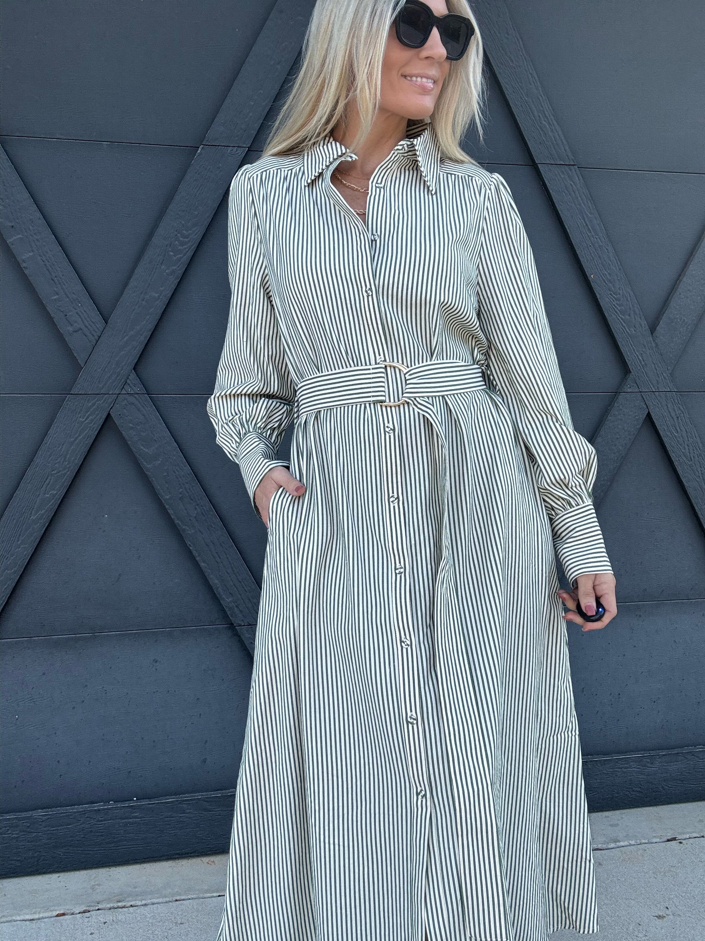 Stripe Long Sleeve Collared Dress In Green - Infinity Raine