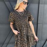 Leopard Print Bubble Sleeve Mini Dress In Brown - Infinity Raine