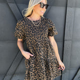 Leopard Print Bubble Sleeve Mini Dress In Brown - Infinity Raine