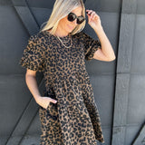 Leopard Print Bubble Sleeve Mini Dress In Brown - Infinity Raine