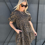 Leopard Print Bubble Sleeve Mini Dress In Brown - Infinity Raine