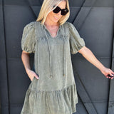 Puff Sleeves Mini Dress In Olive - Infinity Raine