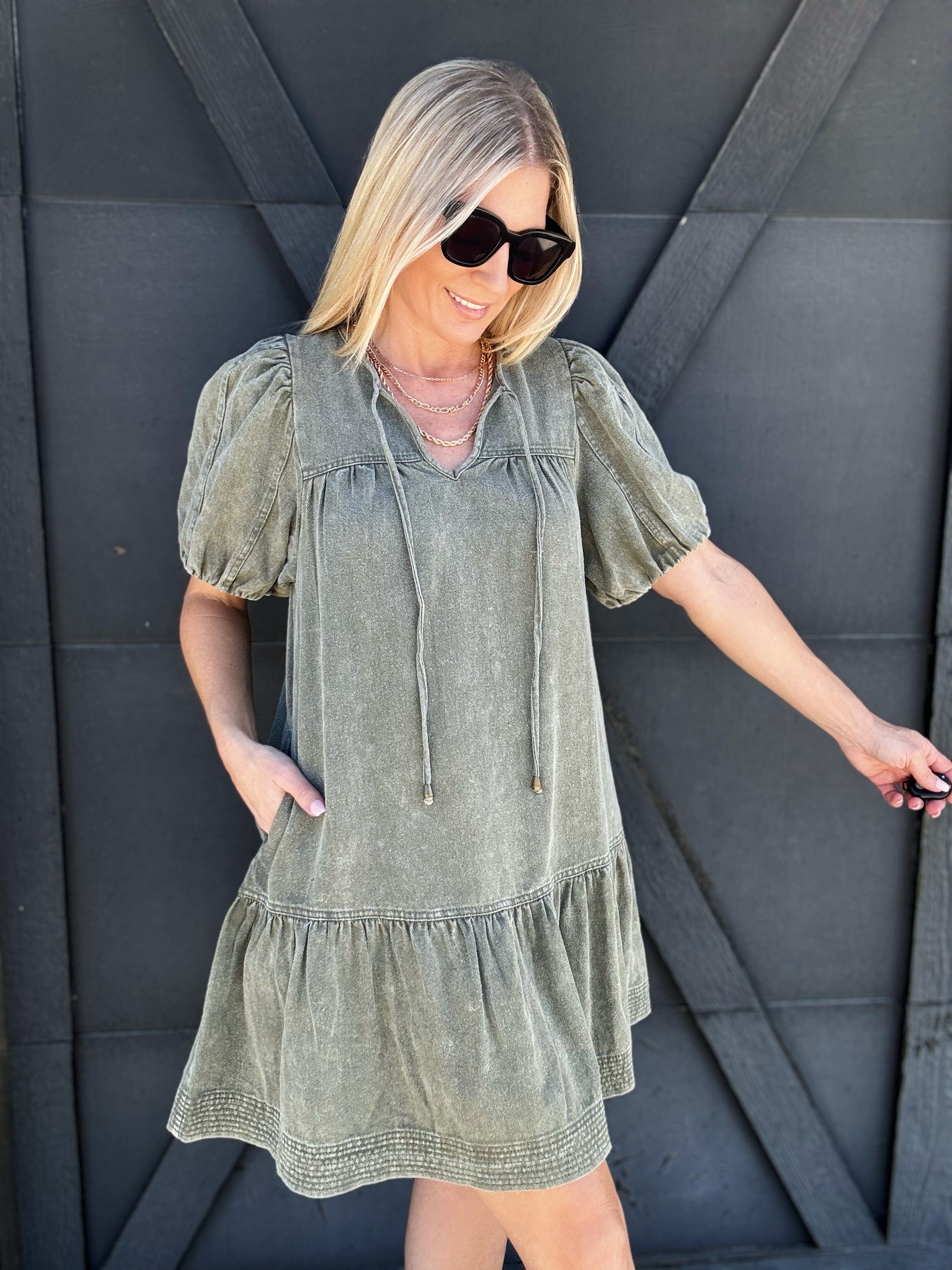 Puff Sleeves Mini Dress In Olive - Infinity Raine