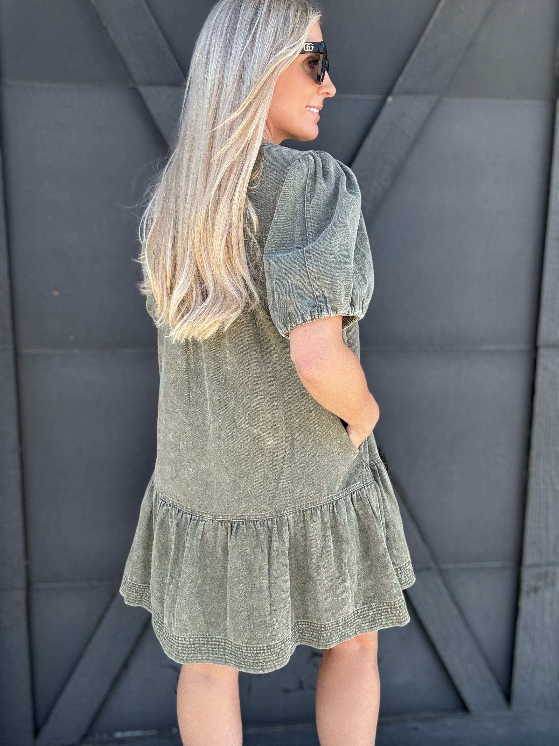 Puff Sleeves Mini Dress In Olive - Infinity Raine