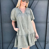 Puff Sleeves Mini Dress In Olive - Infinity Raine