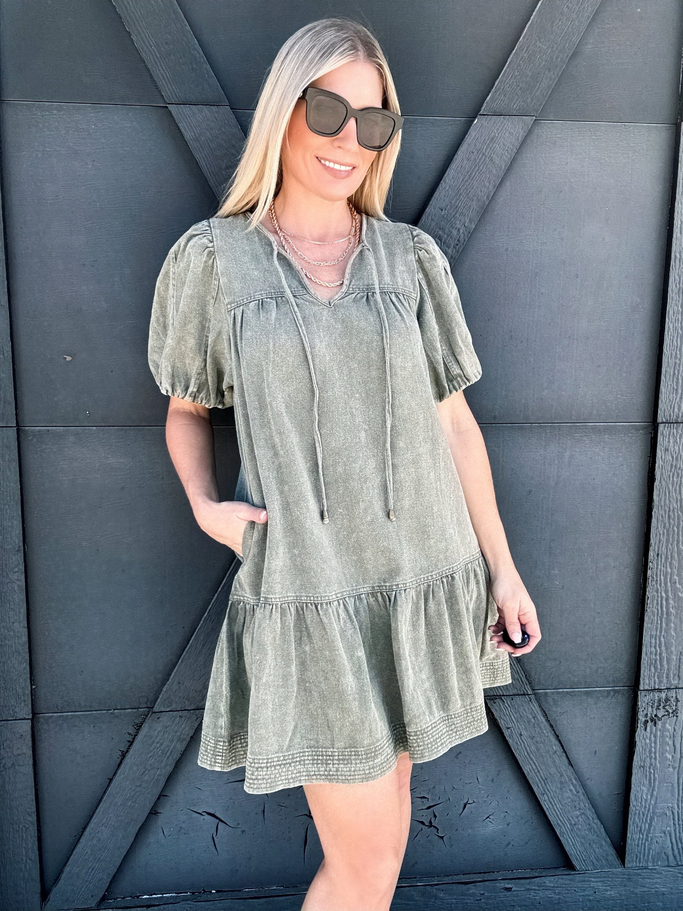 Puff Sleeves Mini Dress In Olive - Infinity Raine