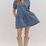 Quilted Puff Sleeve Mini Dress In Denim - Infinity Raine