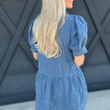 Quilted Puff Sleeve Mini Dress In Denim - Infinity Raine