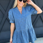 Quilted Puff Sleeve Mini Dress In Denim - Infinity Raine