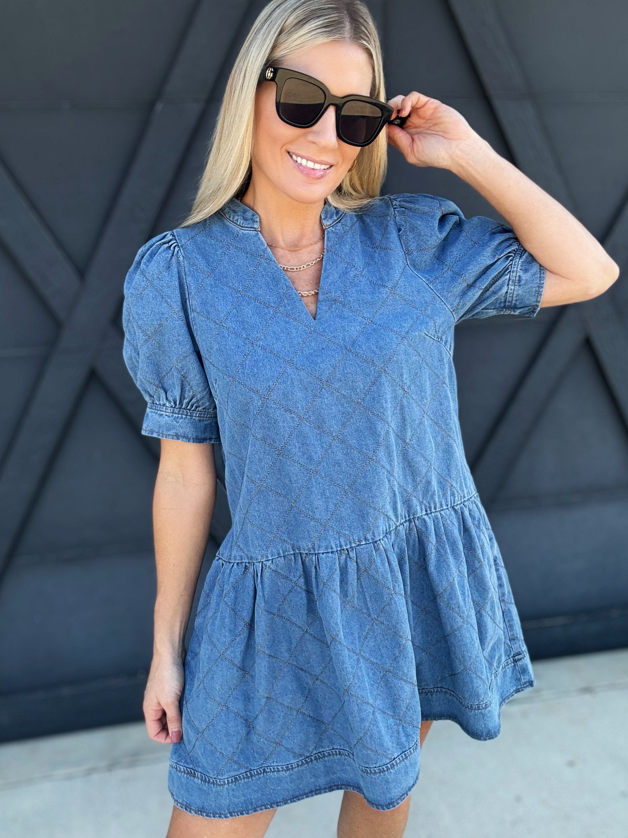 ENTRO DRESSES Quilted Puff Sleeve Mini Dress In Denim