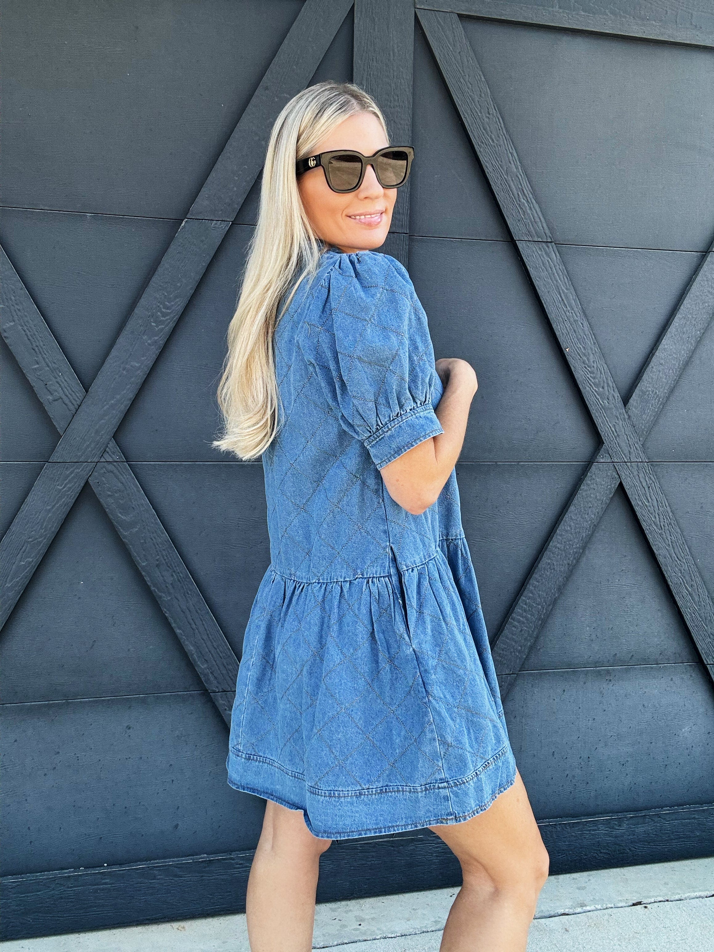 Quilted Puff Sleeve Mini Dress In Denim - Infinity Raine