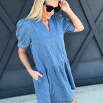 Quilted Puff Sleeve Mini Dress In Denim - Infinity Raine