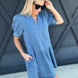 Quilted Puff Sleeve Mini Dress In Denim - Infinity Raine