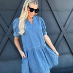 Quilted Puff Sleeve Mini Dress In Denim - Infinity Raine