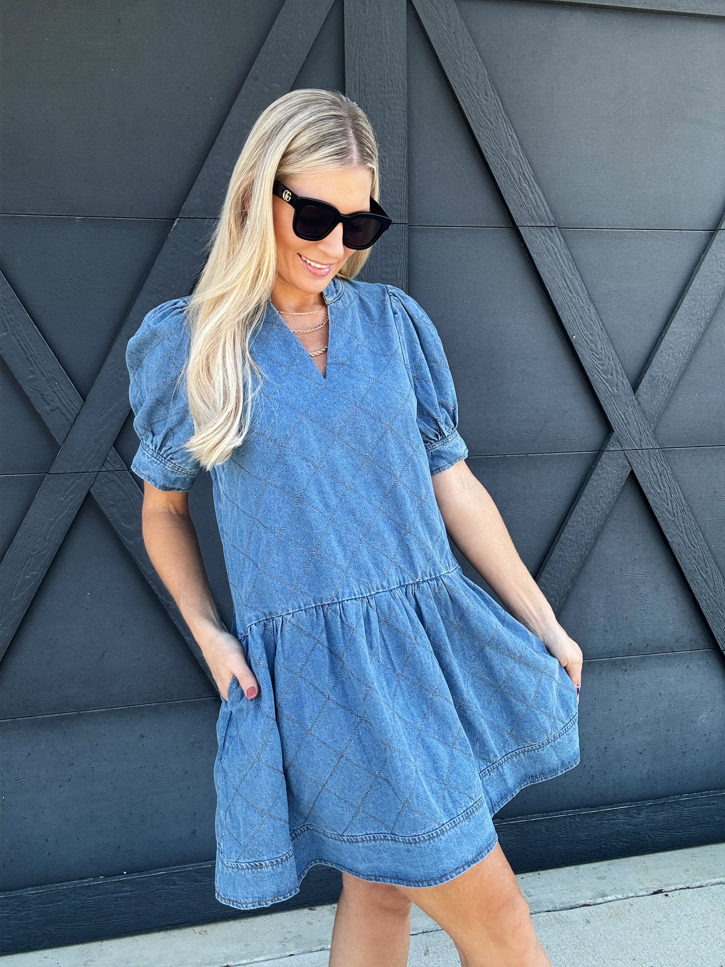 Quilted Puff Sleeve Mini Dress In Denim - Infinity Raine