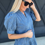 Quilted Puff Sleeve Mini Dress In Denim - Infinity Raine