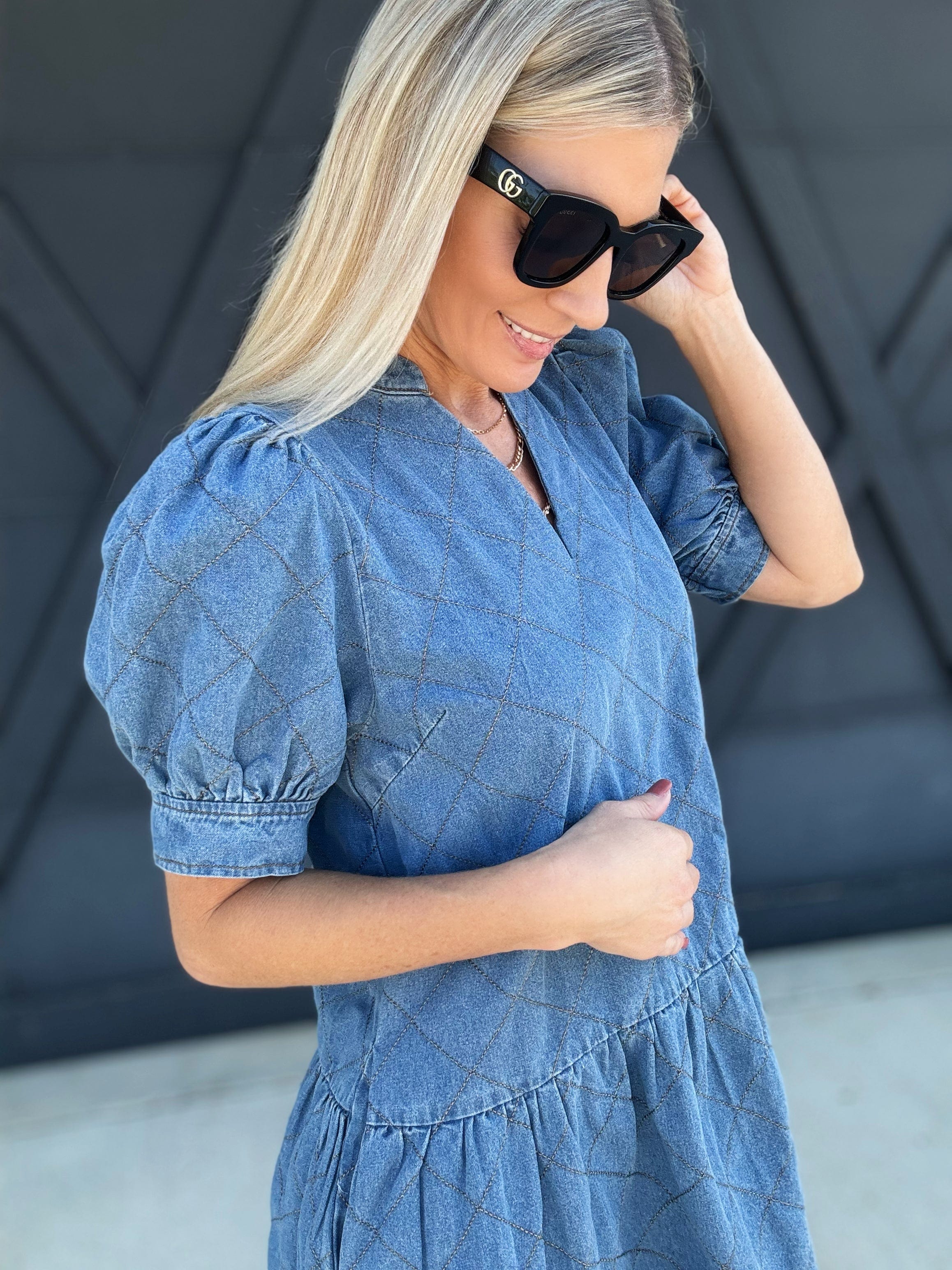 Quilted Puff Sleeve Mini Dress In Denim - Infinity Raine