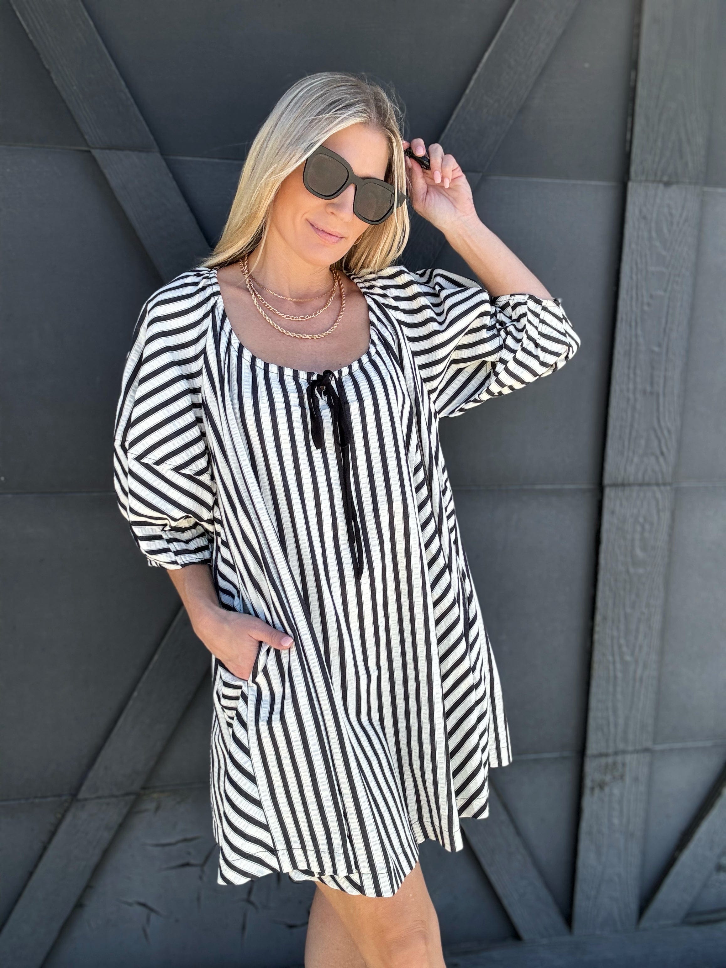 Stripe Drop Shoulder Mini Dress In Black - Infinity Raine