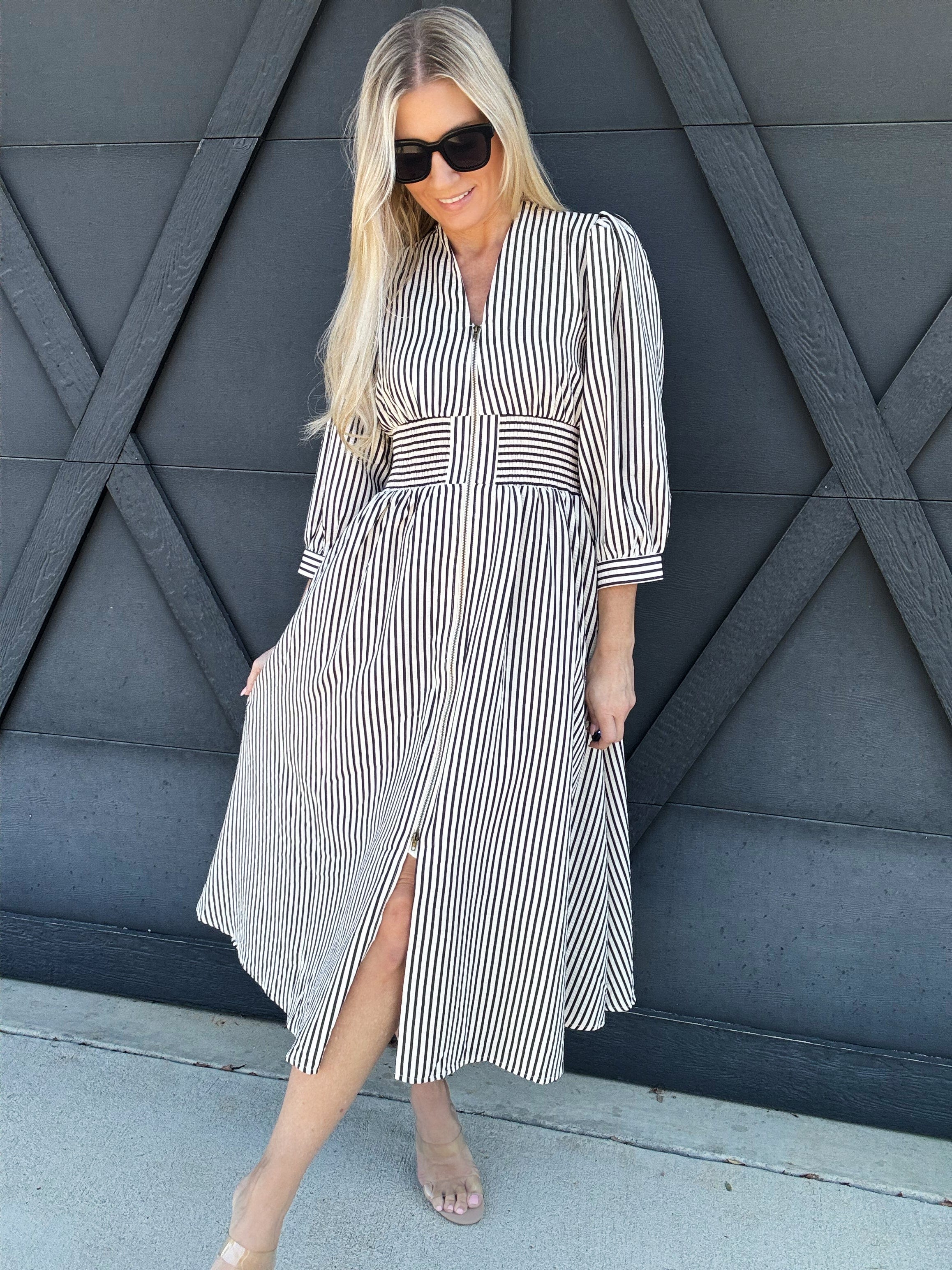 Striped Zip Up Midi Dress In Black - Infinity Raine