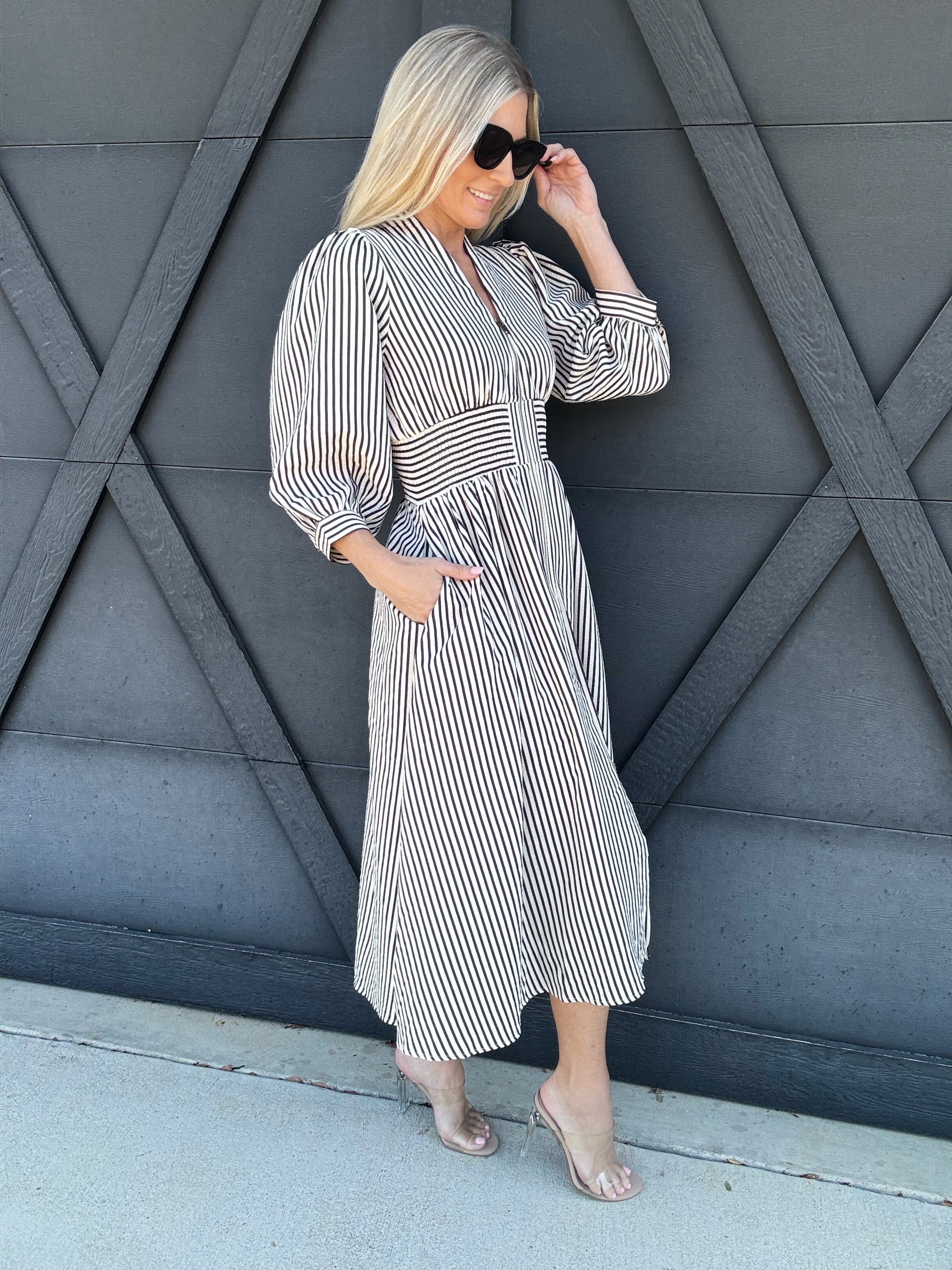 Striped Zip Up Midi Dress In Black - Infinity Raine