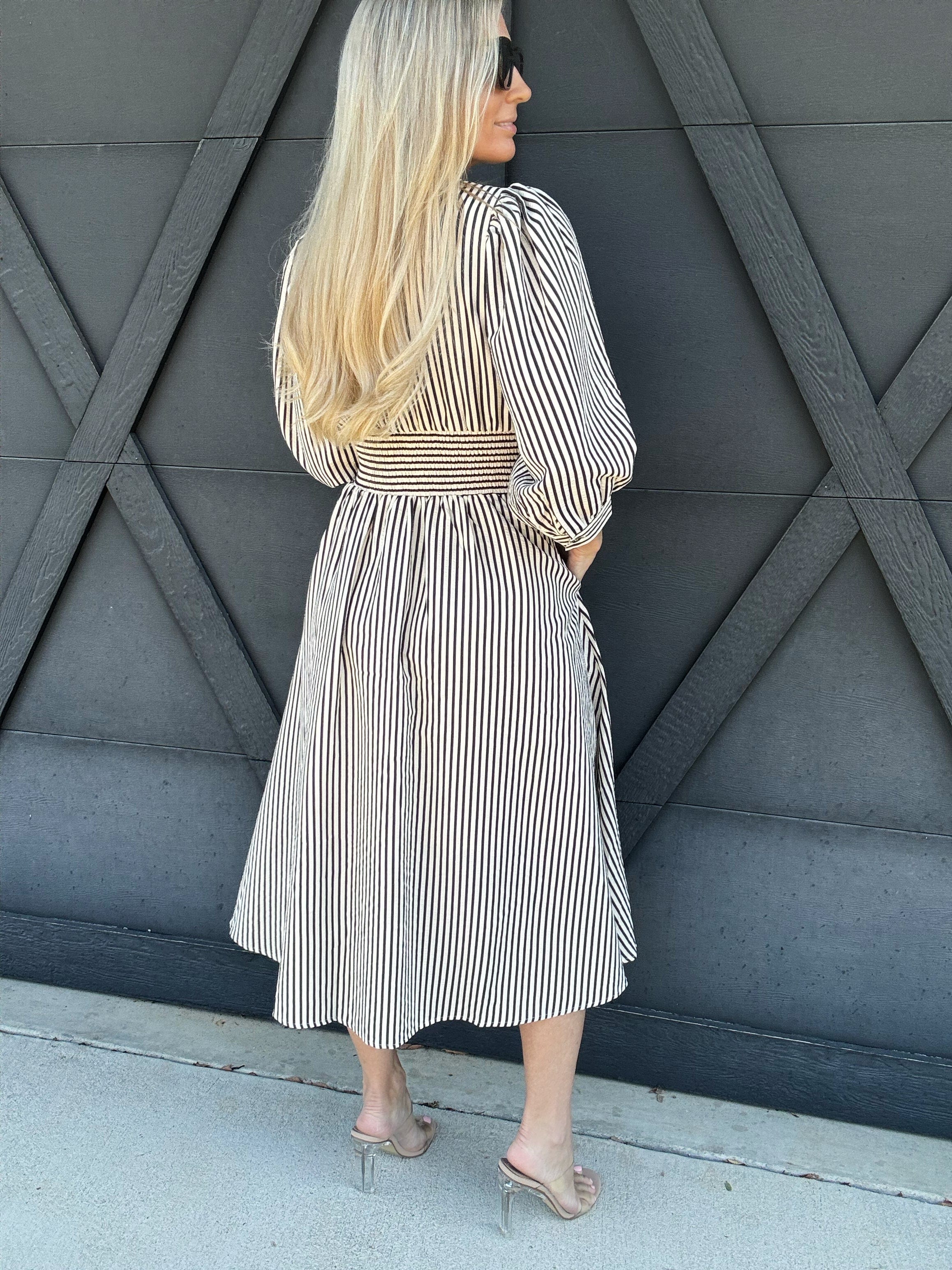 Striped Zip Up Midi Dress In Black - Infinity Raine