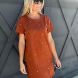 Studded Short Sleeve T-Shirt Dress In Brown - Infinity Raine