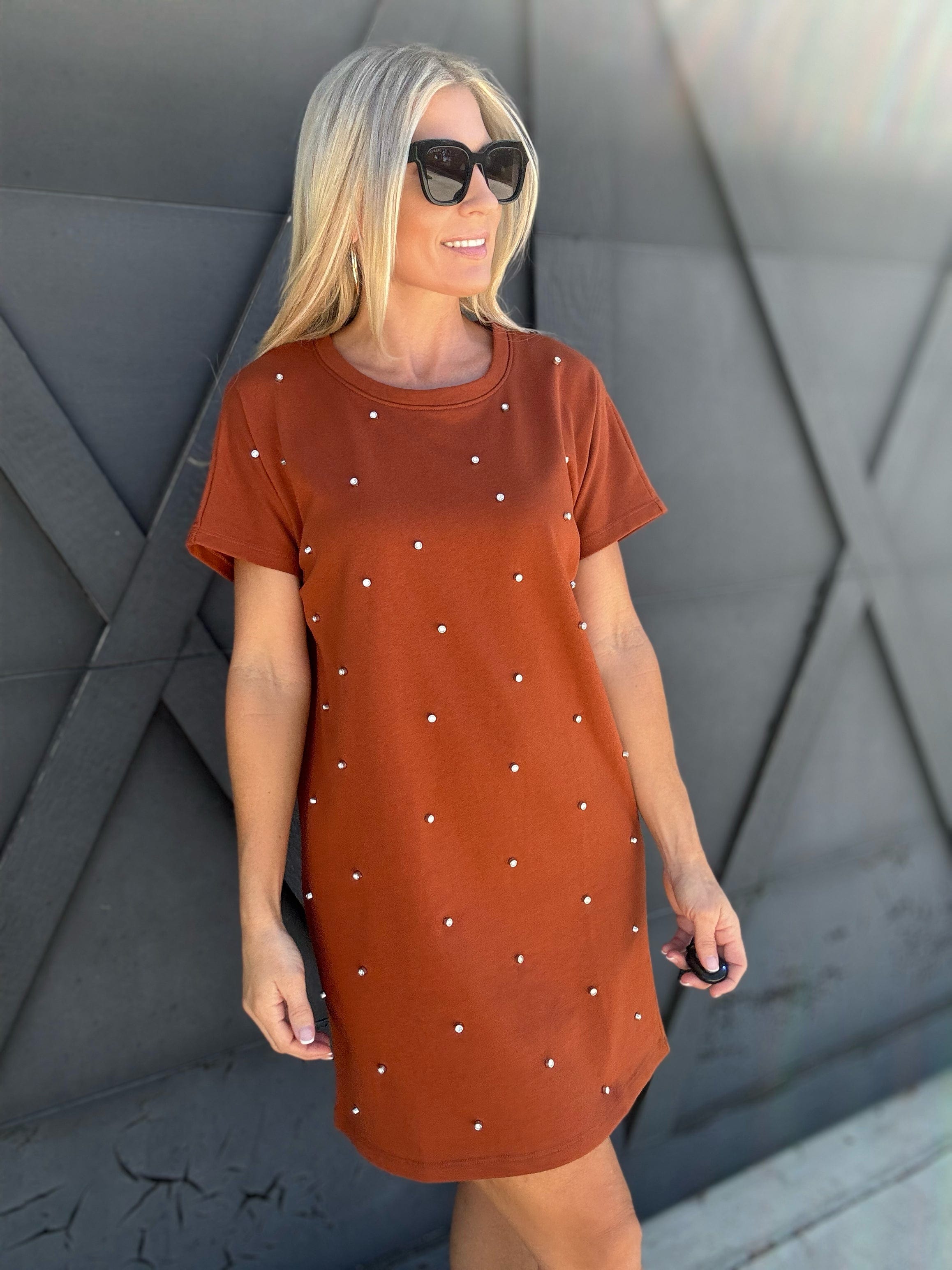 Studded Short Sleeve T-Shirt Dress In Brown - Infinity Raine