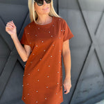 Studded Short Sleeve T-Shirt Dress In Brown - Infinity Raine