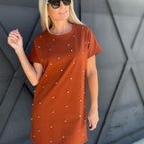 Studded Short Sleeve T-Shirt Dress In Brown - Infinity Raine