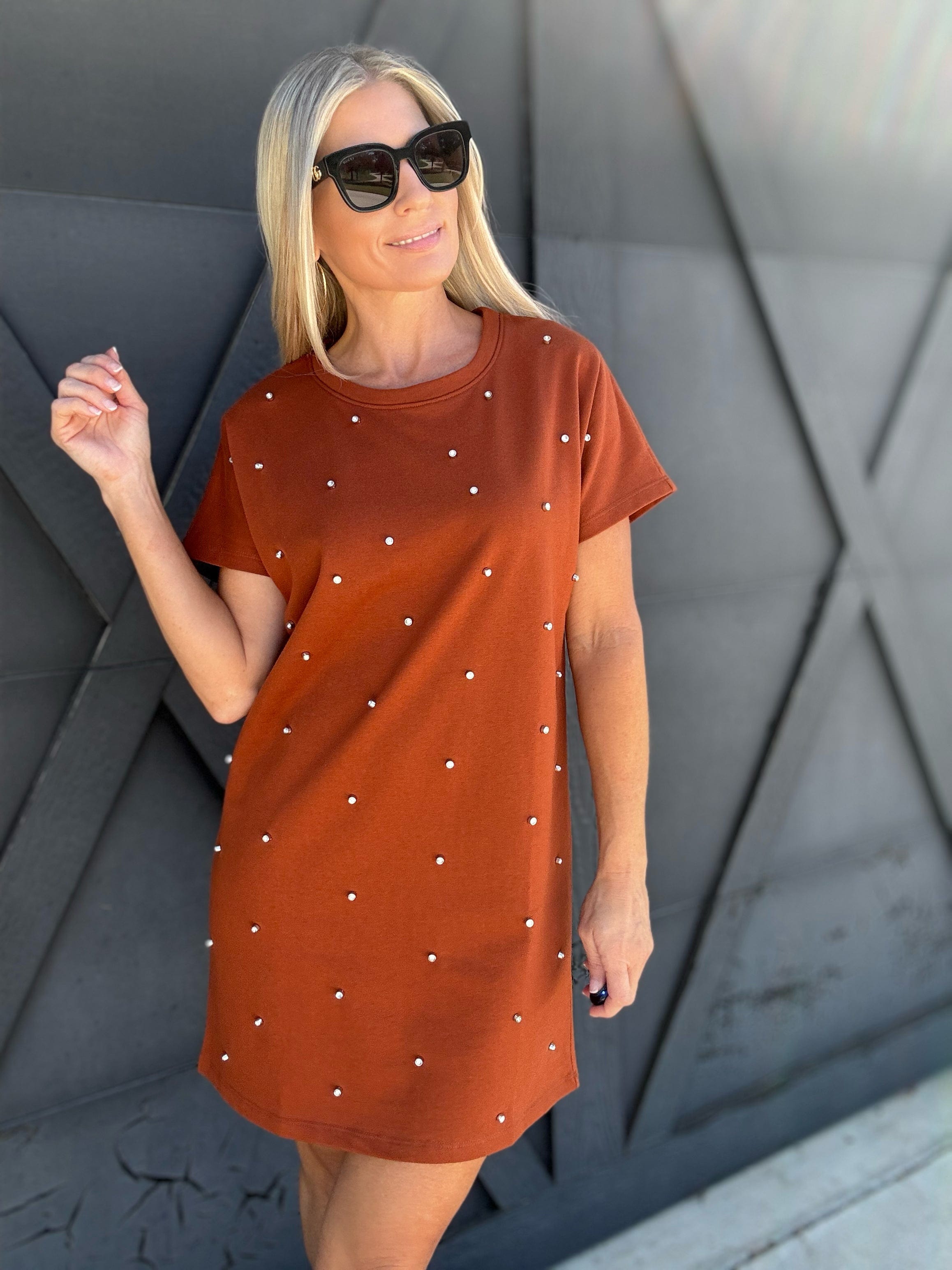 Studded Short Sleeve T-Shirt Dress In Brown - Infinity Raine