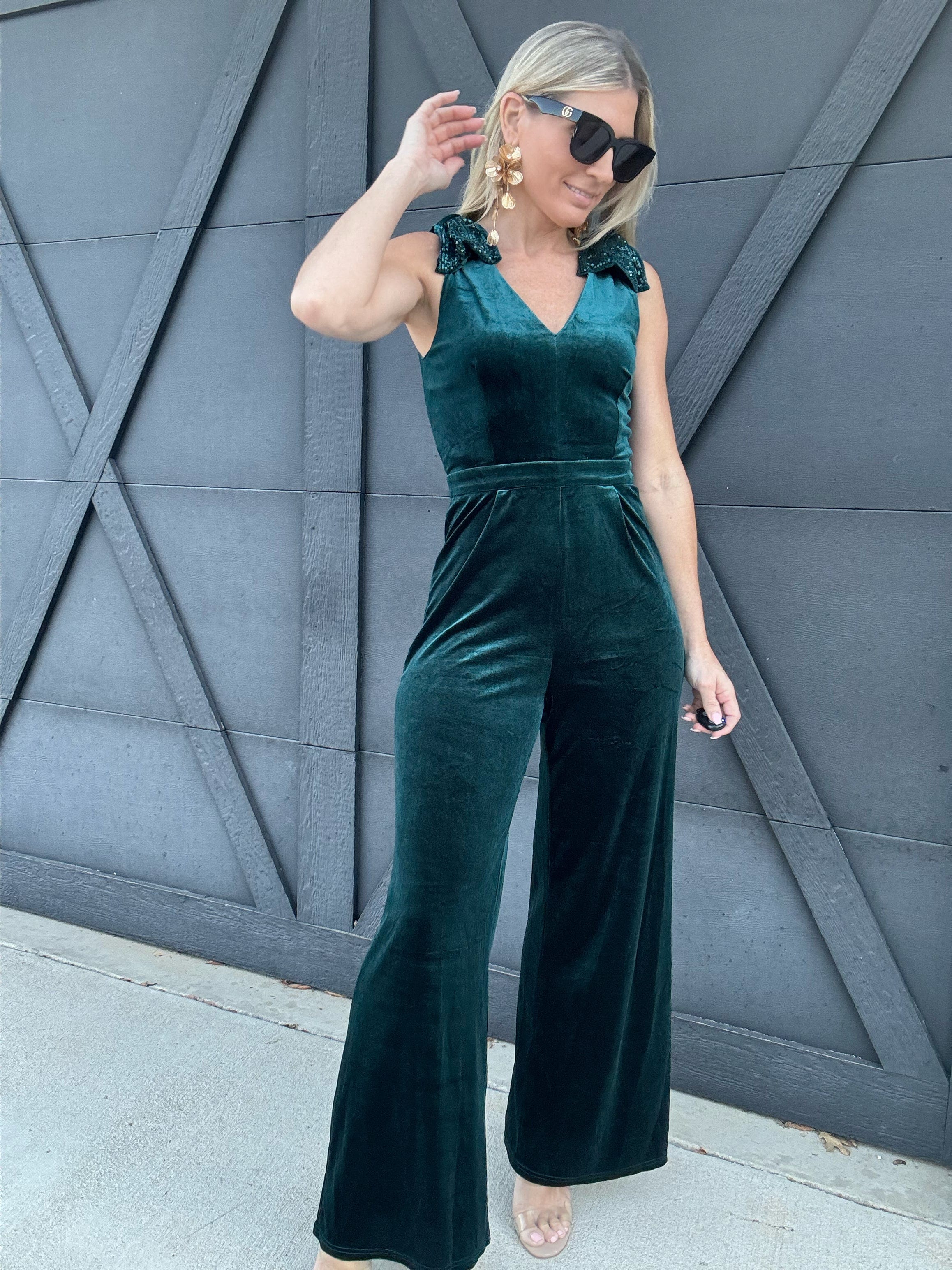 Velvet Bow Jumpsuit In Emerald - Infinity Raine