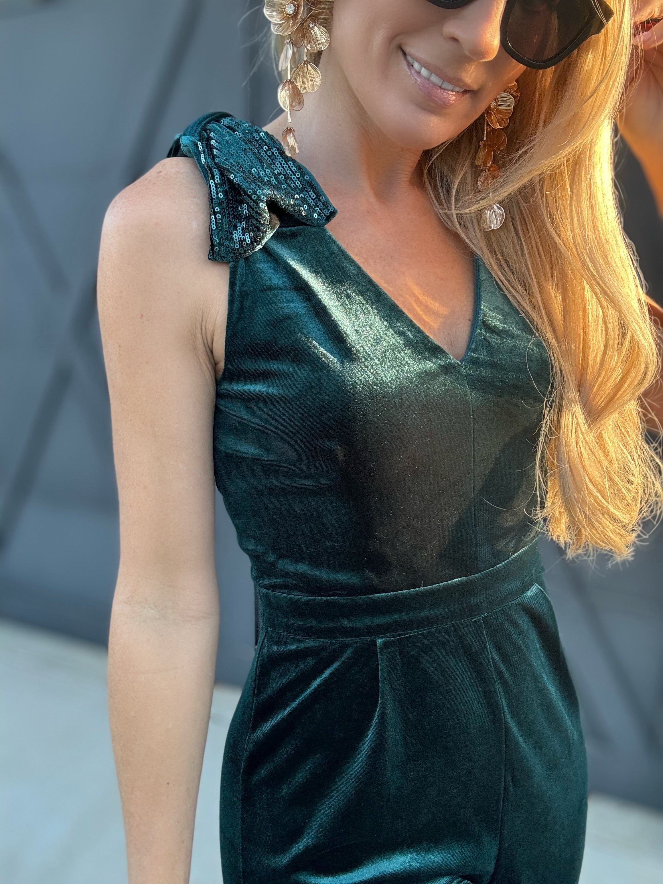 Velvet Bow Jumpsuit In Emerald - Infinity Raine